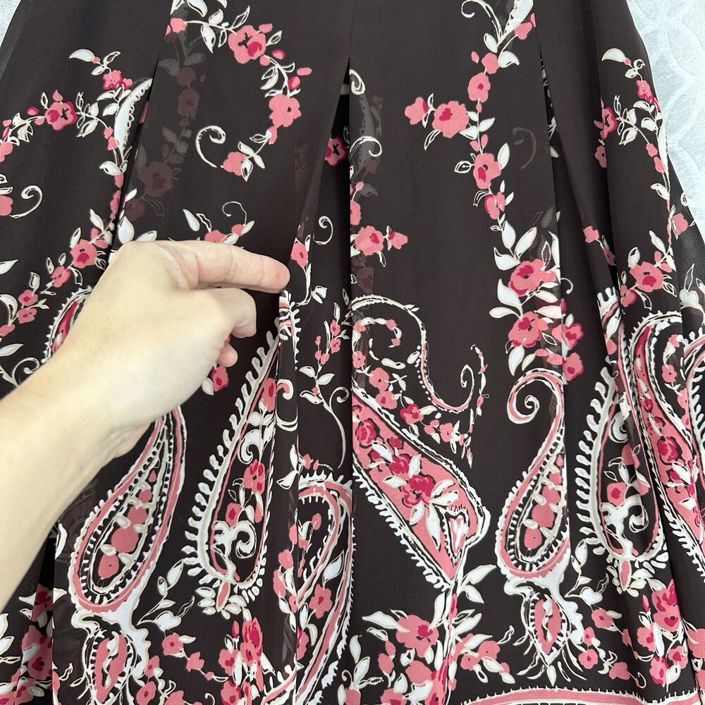 Y2K Chiffon Pleated Midi Skirt 12 Large Brown Pink Paisley Boho Fairy Modest 90s - Picture 3 of 8